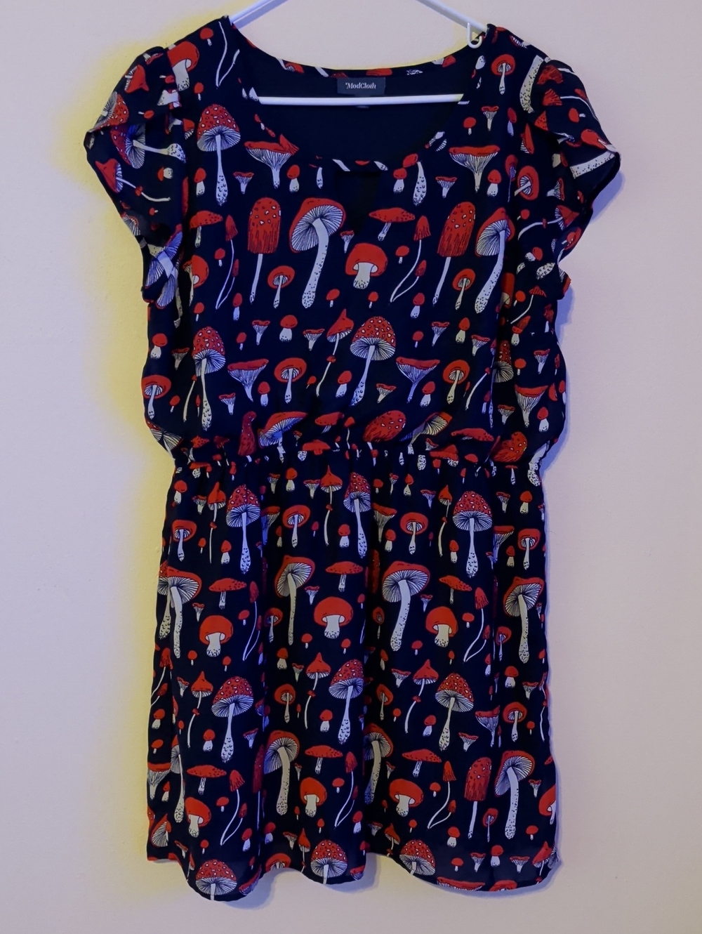 ModCloth Navy Mushroom Print Dress with Red & White Accents